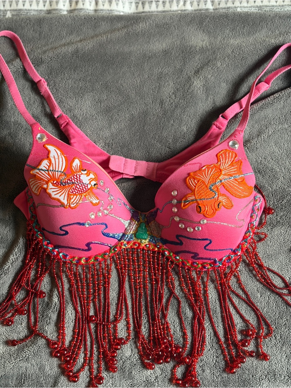 Pink Embellished Beaded Fringe Bra with Goldfish Embroidery